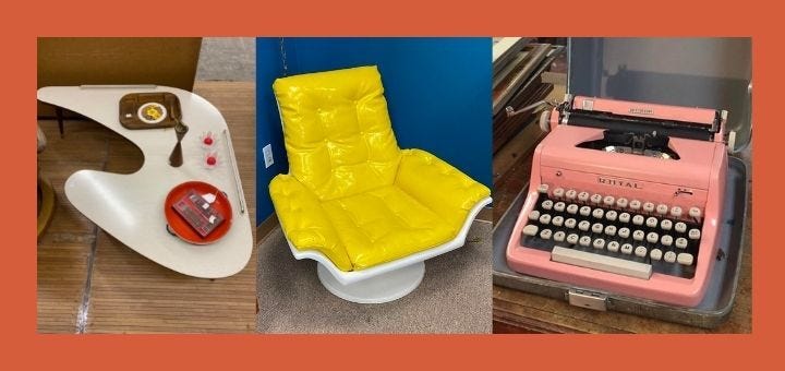 A collage of a vintage coffee table, bright yellow vinyl and white plastic armchair, and a pink typewriter