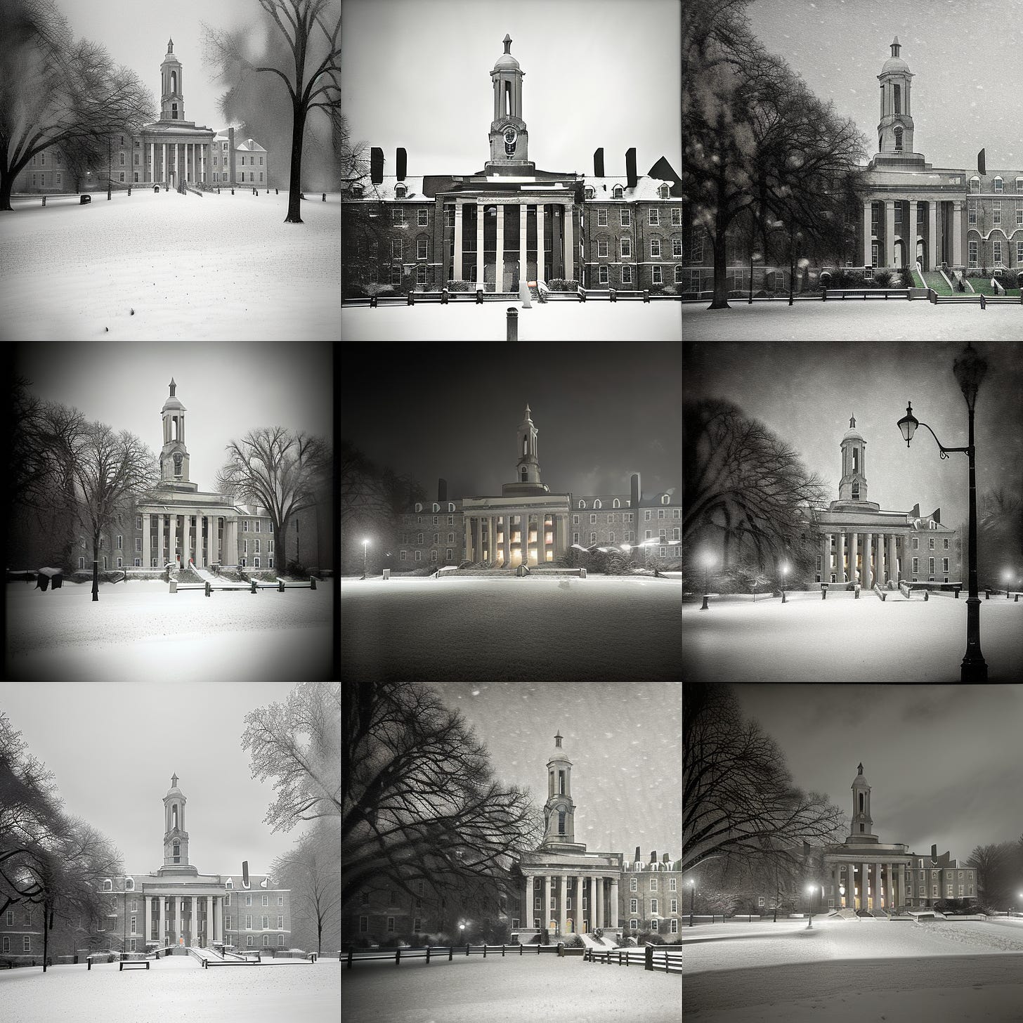 'old-main in a blizzard, historic blizzard photograph, black and white photography'