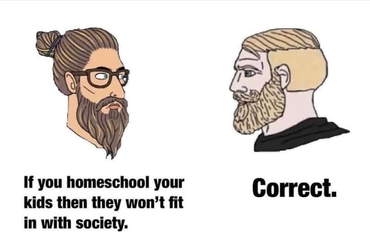 May be an image of one or more people, beard and text that says 'If you homeschool your kids then they won't fit in with society. Correct.'