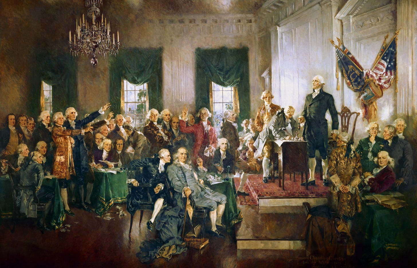 Oil paining of the founding fathers signing the constitution