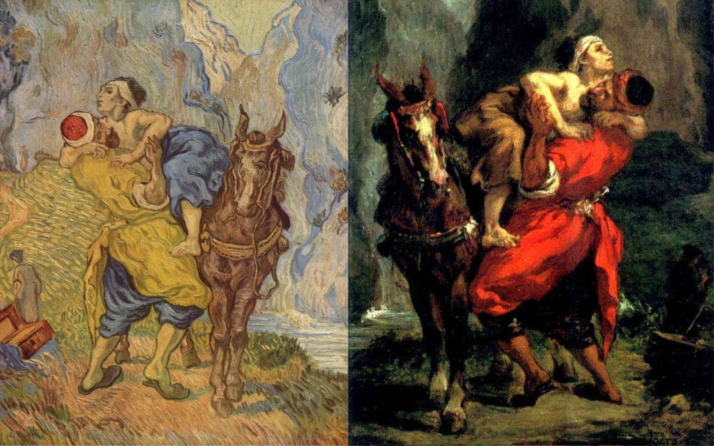 Collage of Vincent van Gogh's copy of Eugene Delacroix's The Good Samaritan with original artwork