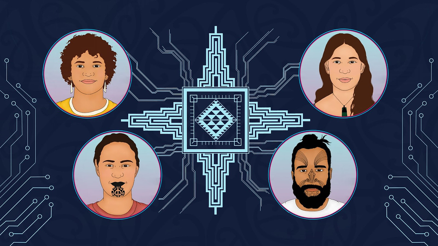 An illustration with four portraits and a bright cyan geometric pattern over a dark navy background