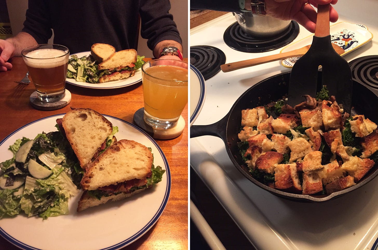 Left image: two plates each with a BLT on crusty sourdough sliced in half, with a side of Caesar salad. Two glasses of beer rest on coasters near the plates. Right image: on a stovetop, a large spatula scoops into a pan of toasted croutons, mushrooms, and kale, with cheese melted on top.