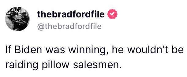 May be a Twitter screenshot of text that says 'thebradfordfile @thebradfordfile If Biden was winning, he wouldn't be raiding pillow salesmen.'