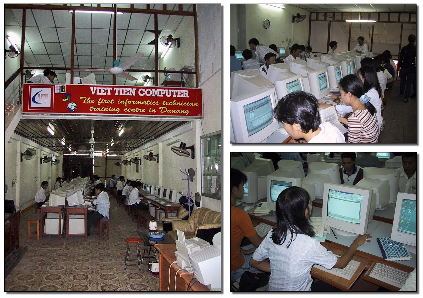 Three photos. 1) Overview shot of the VIET TIEN COMPUTER "the first informatics technician training centre in Danang" 2) several students at desktop PCs learning Microsoft Access database 3) Students at PCs using Word.