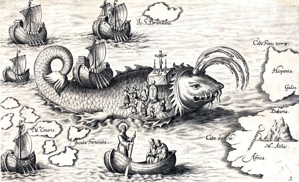 St Brendan saying mass on the back of a sea monster, 1621. ANMM Collection 00019658.