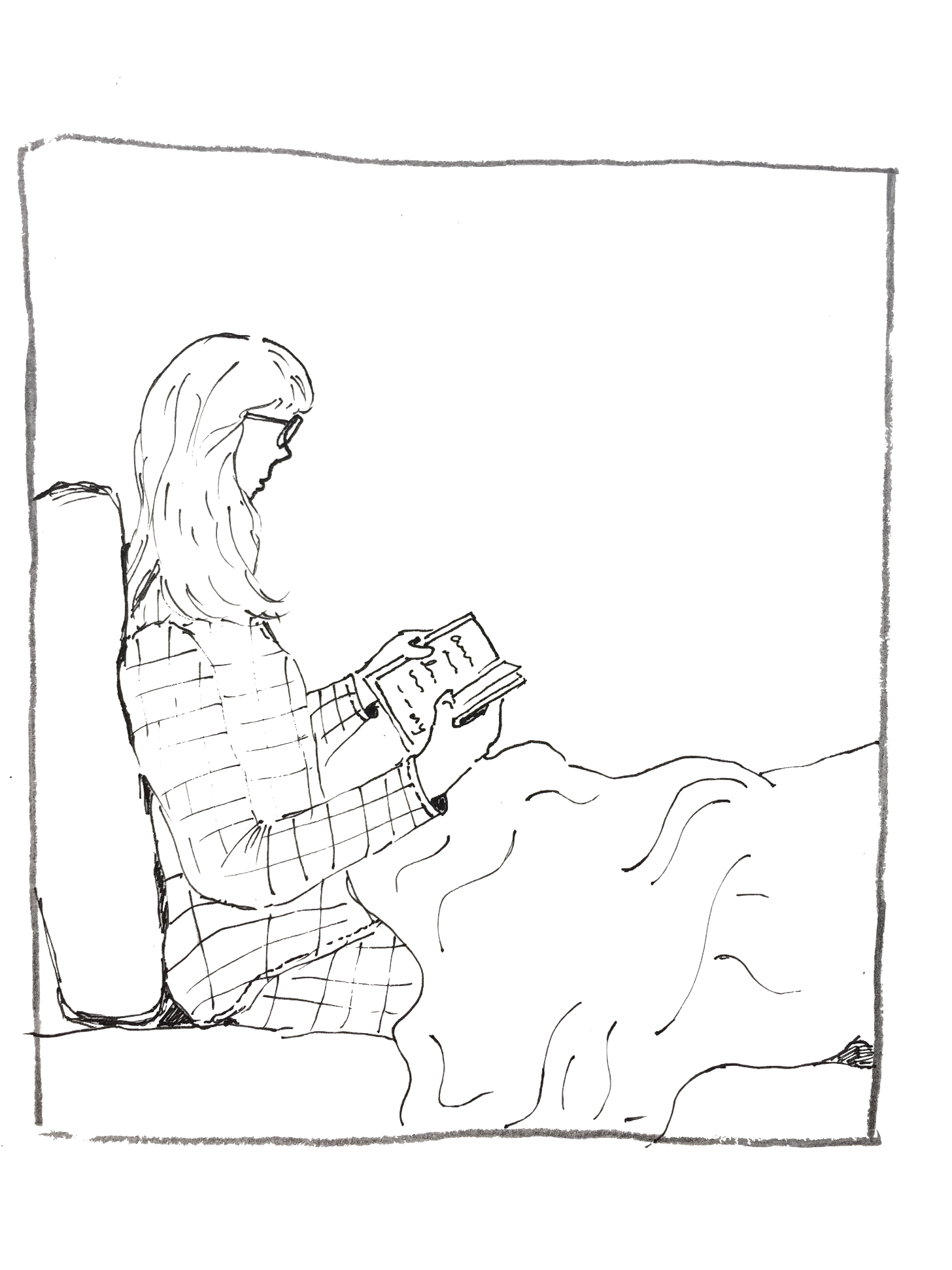 Black and white illustration with pen, of a side profile of woman, sitting on a bed, wearing chequered pyjamas, reading a book. 