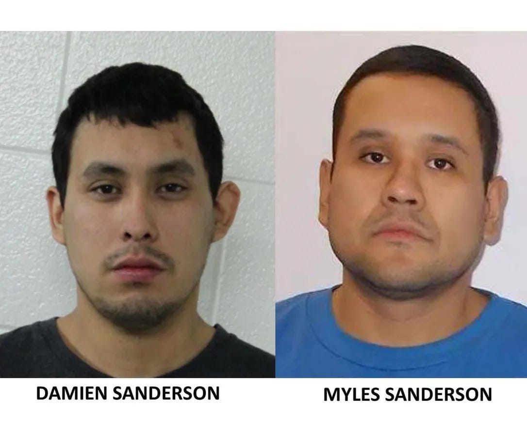 Damien and Myles Sanderson are shown in Saskatchewan RCMP handout photo. Police issued a provincewide alert in Saskatchewan Sunday morning with two suspects on the loose after multiple stabbings in James Smith Cree Nation.
