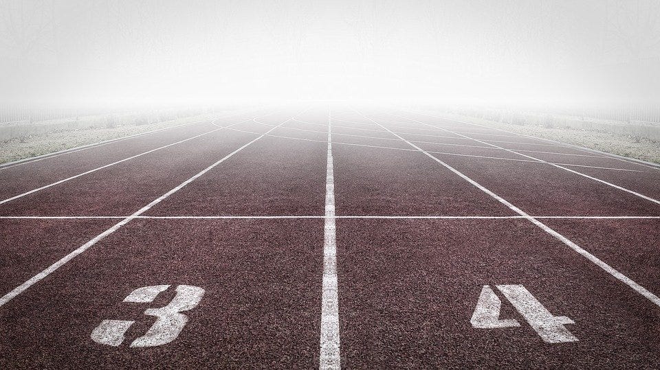 Running Track, Numbers, Fog, Athletic Field, Mist