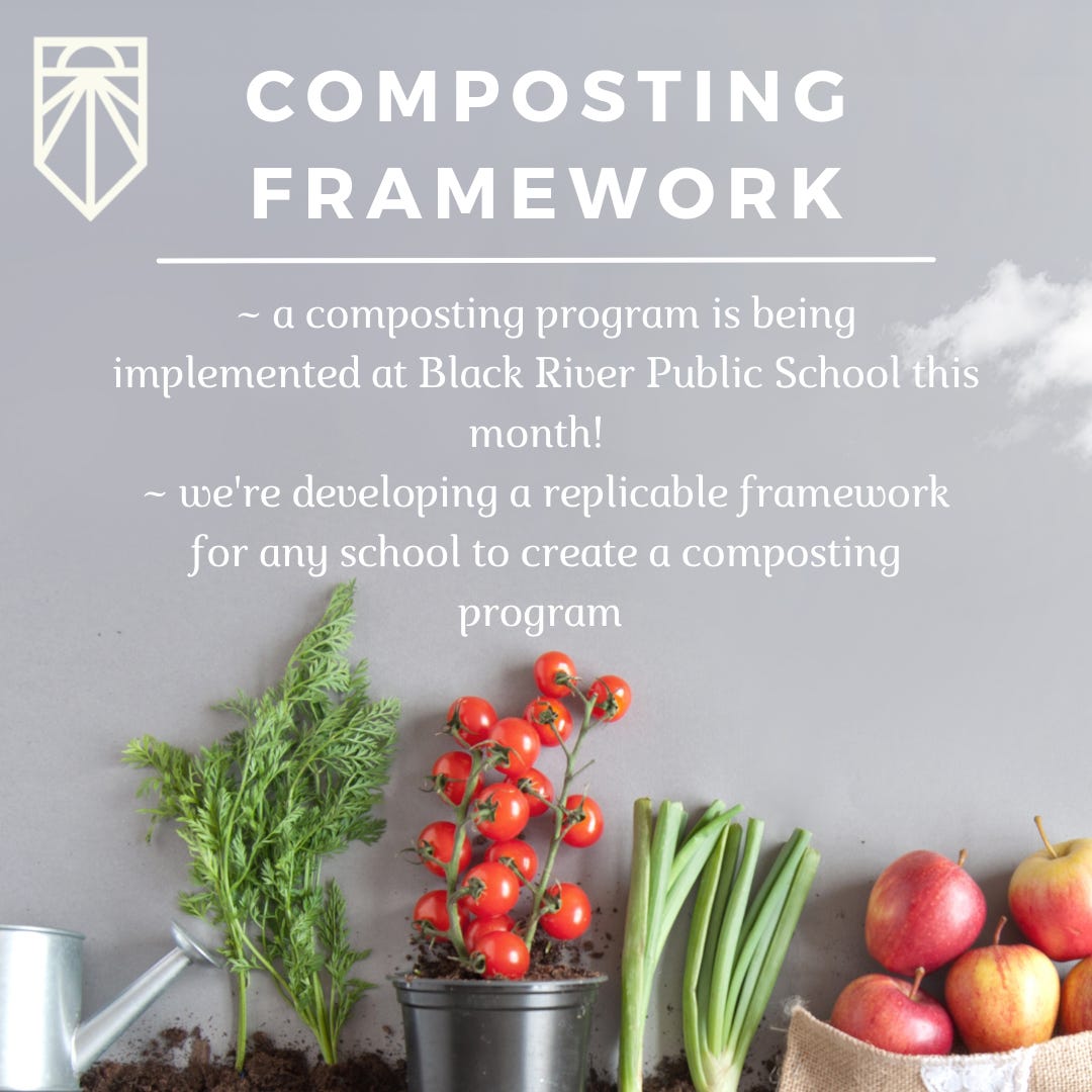 [Image description: background of grey wall with clouds, a silver watering can, bright green leafy plant, bright red tomatoes in aluminum pot, two stalks of celery and a basket of apples lined up in front of rich dirt manure with compost- and white Sunrise Movement symbol in the top left corner. White text reads: “Composting framework: a composting program is being implemented at Black River Public School this month! we're developing a replicable framework for any school to create a composting program.”]
