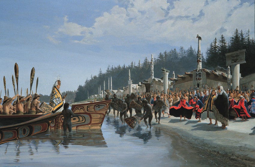 Artistic reconstruction of a potlatch ceremony on Haida Gwaii titled 'Kiusta Potlach.' The subject matter was informed by historic photographs, ethnographic collections, oral histories, traditional knowledge, and First Nations consultation. This image is reproduced with kind permission from Gordon Miller, 2013 