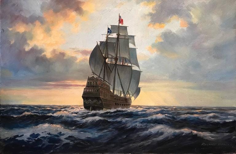 Roland Davies - Into the Golden West - Large Oil Painting Spanish Galleon  at Sea at 1stDibs