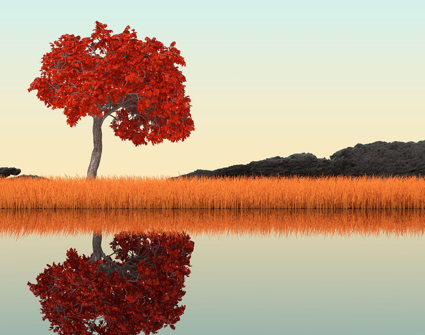 A lone red-leafed tree stands among a field of orange reeds at the edge of smooth reflective pond, while black lava hills rise shallowly in the distance under a lemony sky.