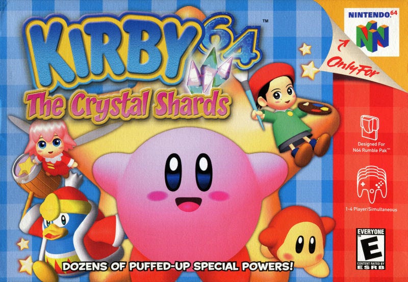 The N64 box art for Kirby 64, featuring Kirby in the center, as well as old friends King Dedede and Waddle Dee, and new pals , the painter, Adeleine and the fairy, Ribbon