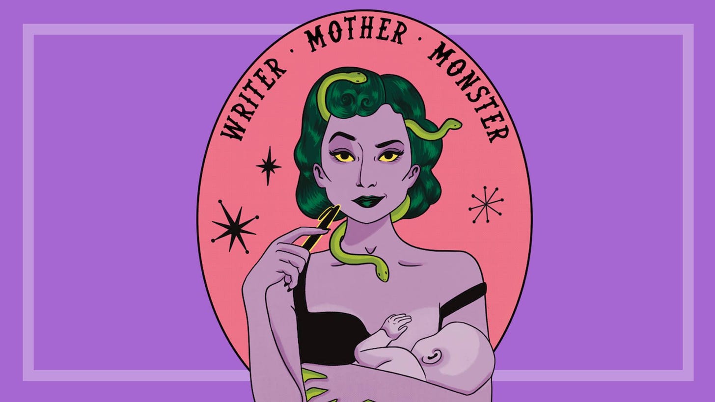 A horizontal logo with a purple background with a medusa mother breastfeeding an infant the caption reads WRITER MOTHER MONSTER