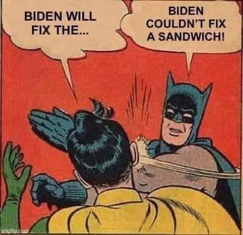 May be an image of 1 person and text that says 'BIDEN WILL FIX THE... BIDEN COULDN'T FIX A SANDWICH! matpe'