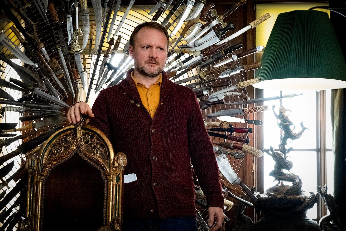 Rian Johnson on the set of KNIVES OUT.