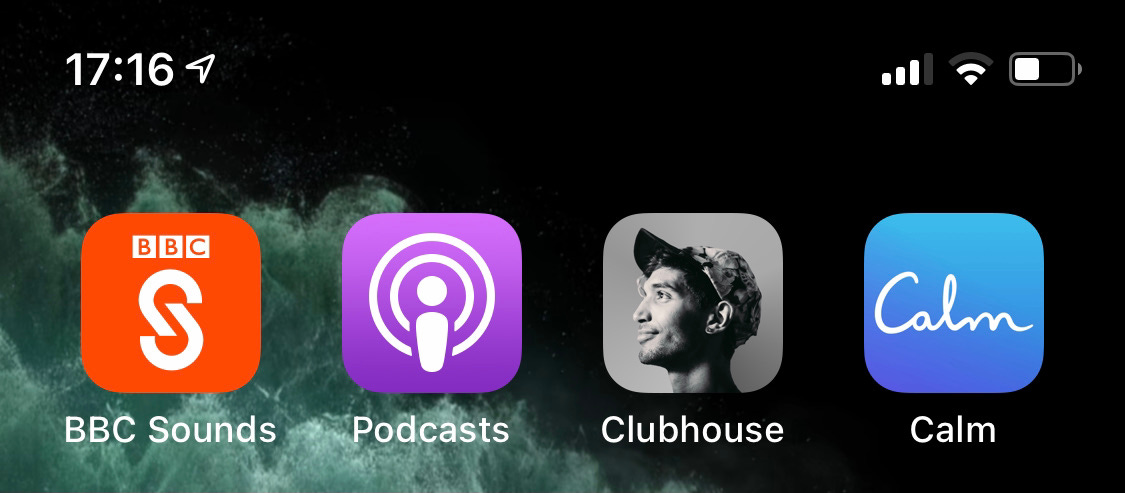 iPhone Screenshot with Clubhouse icon, in between other apps, such as Podcasts, BBC Sounds and Calm