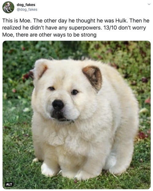 This is Moe. The other day he thought he was Hulk. Then he realized he didn’t have any superpowers. 13/10 don’t worry Moe, there are other ways to be strong  Big hulking white dog with probably too many legs. Slightly worried expression.