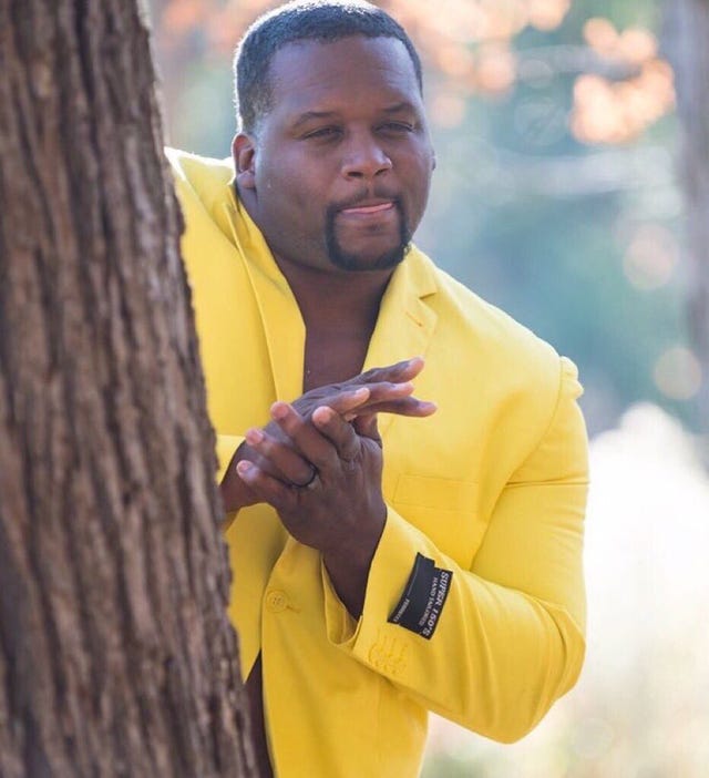 Man in yellow suit hiding behind a tree (Anthony &quot;Spice&quot; Adams) - More  blank templates and meme example in comments : r/MemeTemplatesOfficial