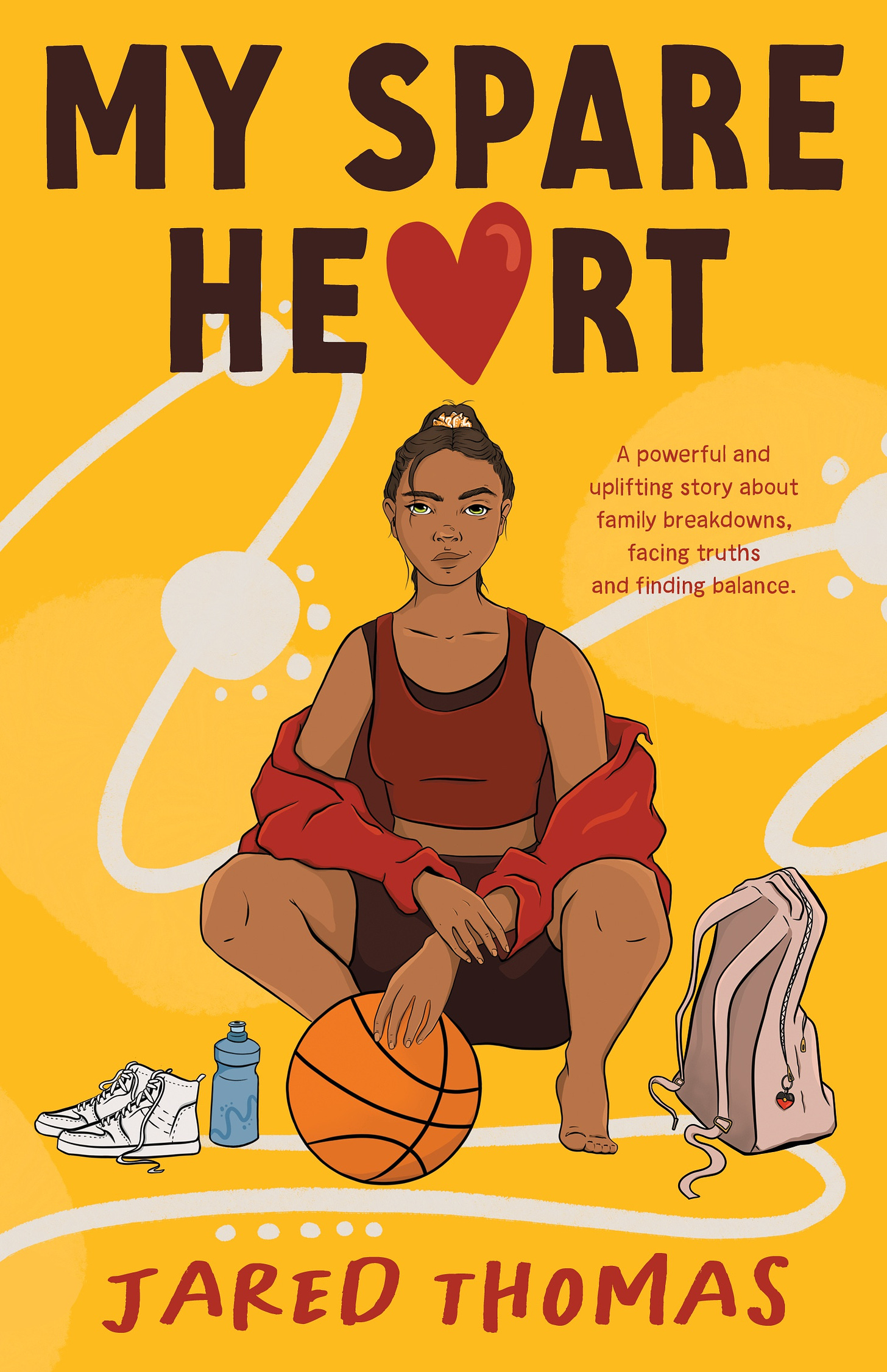 The cover of My Spare Heart by Jared Thomas, which has a young female basketball player on it, with a yellow background