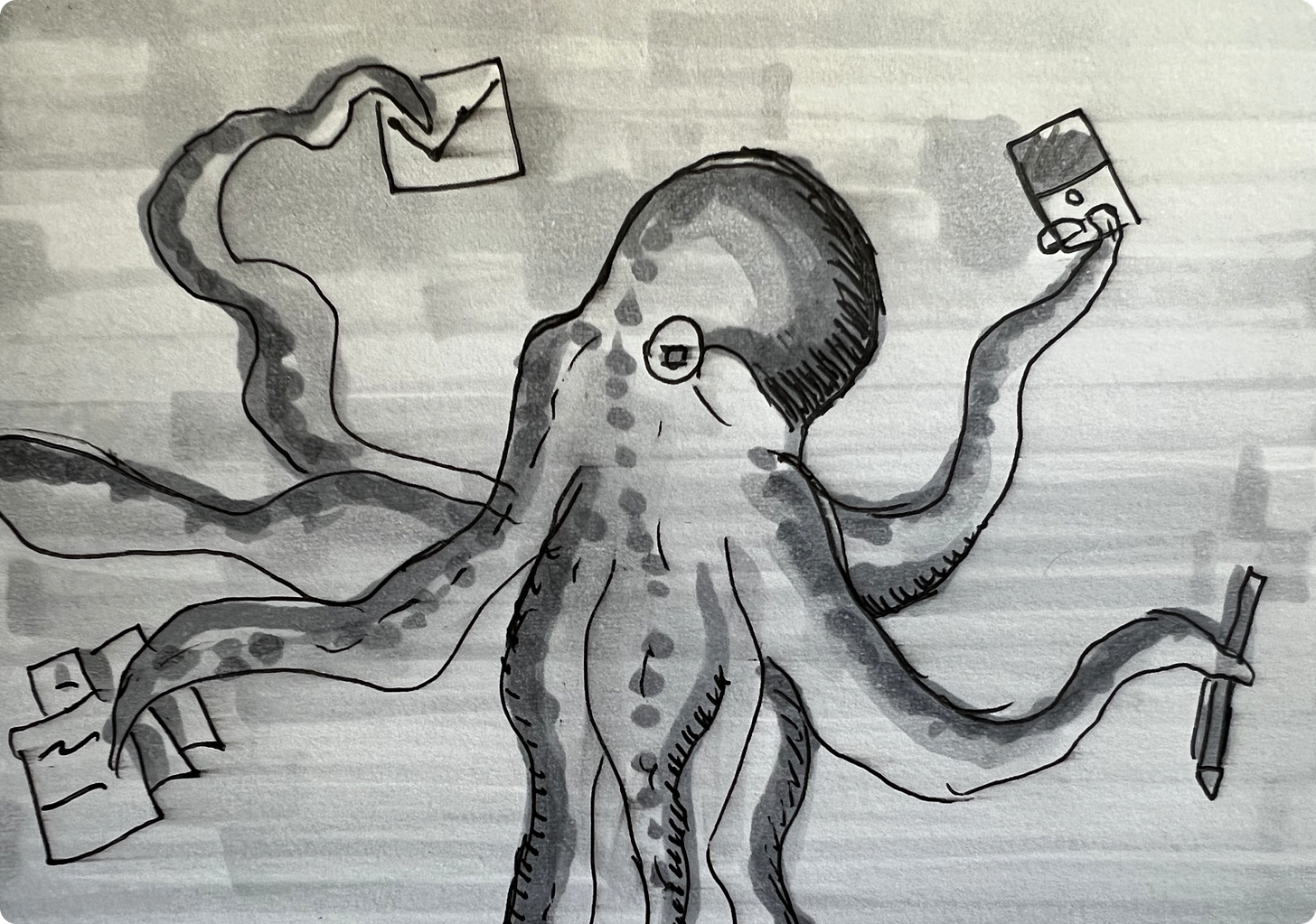 Drawing of octopus holding a stack of paper, pen, phone and chart representing being a generalist