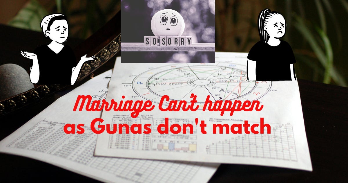 The image is a representation showing that marriage can't happen as gunas don't match. There is a caption saying 'so sorry'. This image is part of the article on horoscope matching or kundali milan