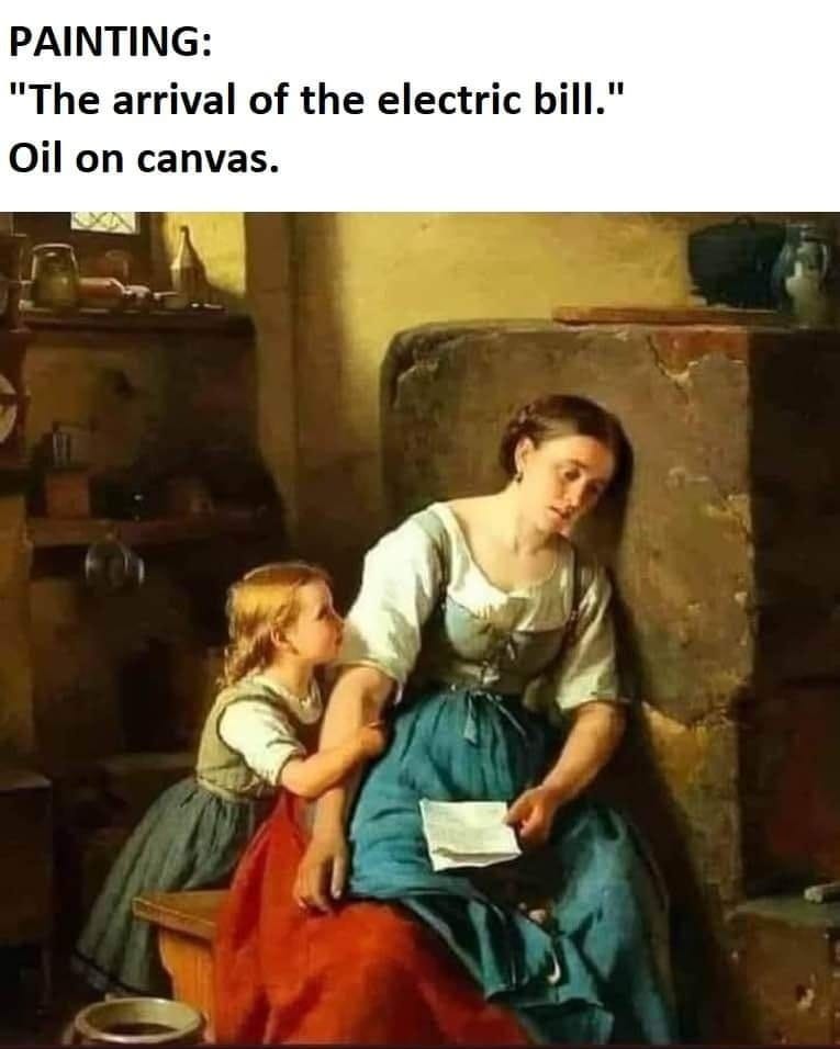 Ist möglicherweise ein Bild von 2 Personen und Text „PAINTING: "The "Thearivaloftheelectricbil." arrival of the electric bill." Oil on canvas.“