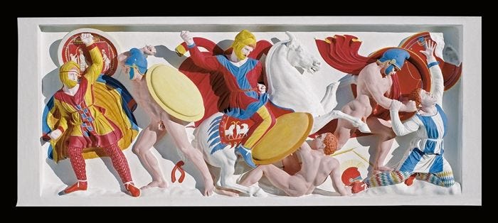 Marble panel with colorful sculptures of warriors with swords and shields