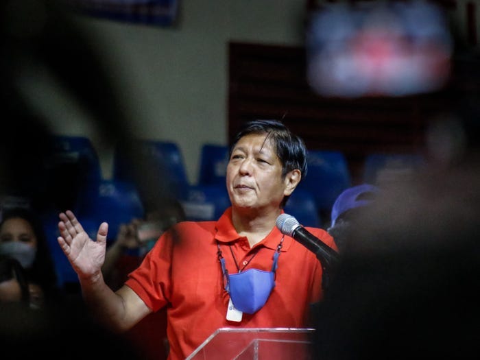 Presidential aspirant Ferdinand Marcos Jr. talks on their political rally in Rizal Province, Philippines on December 11, 2021