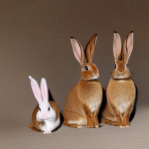 an ai generated image of three rabbits using an emoji only prompt of thinking, question mark, and rabbit emoii