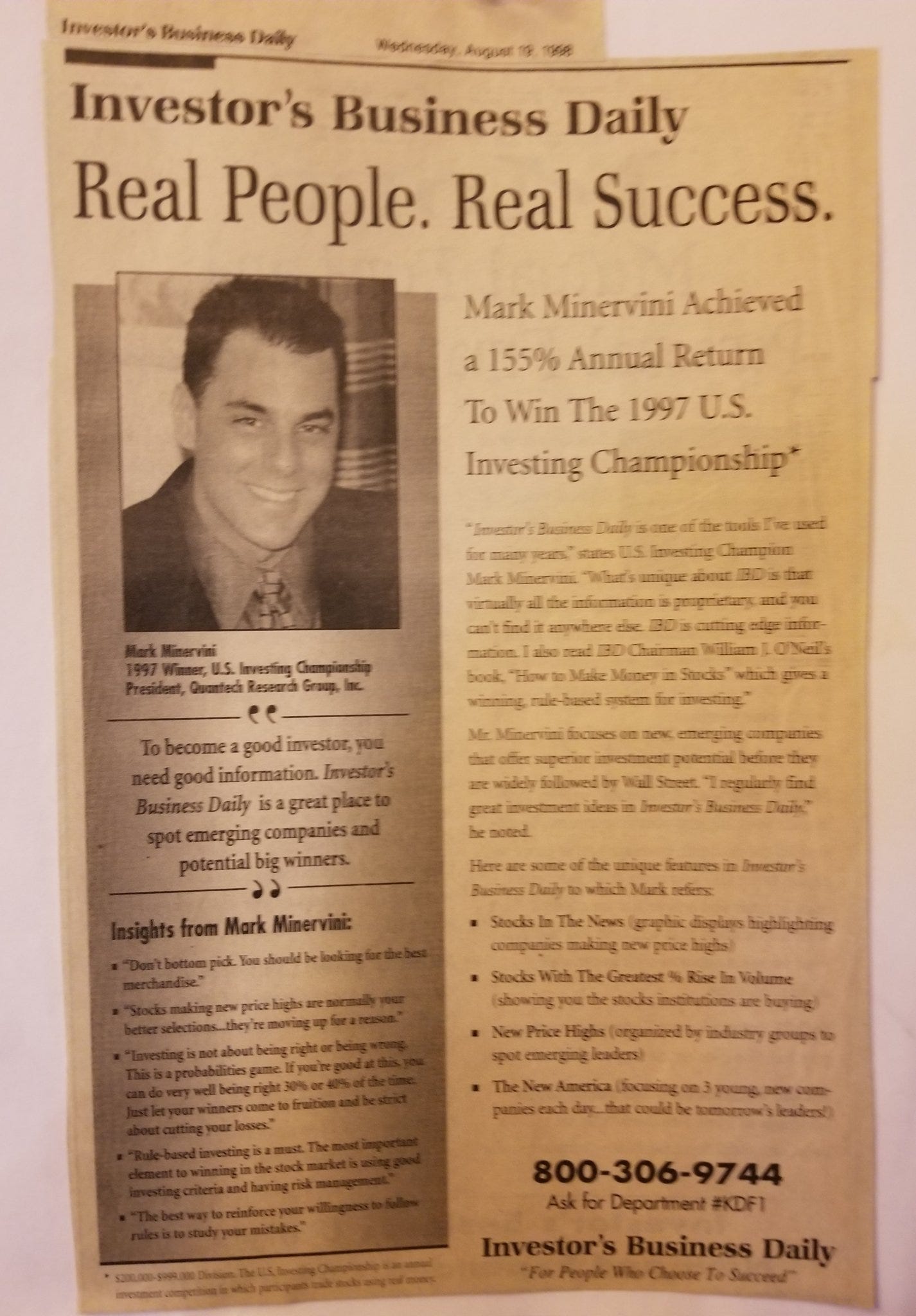 Cover of Mark winning the 1997 US Investing Championship Competition with 155% return