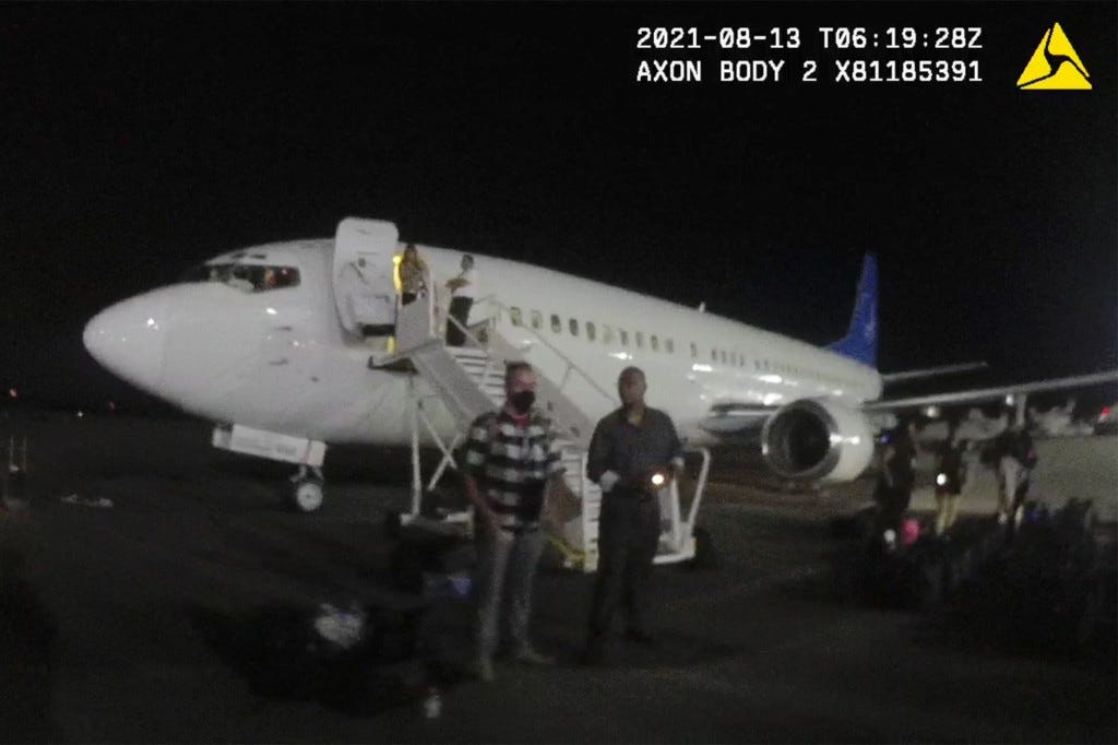 Footage shows planes full of undocumented immigrants being unloaded at Westchester County airport during the middle of the night on August 13, 2021.