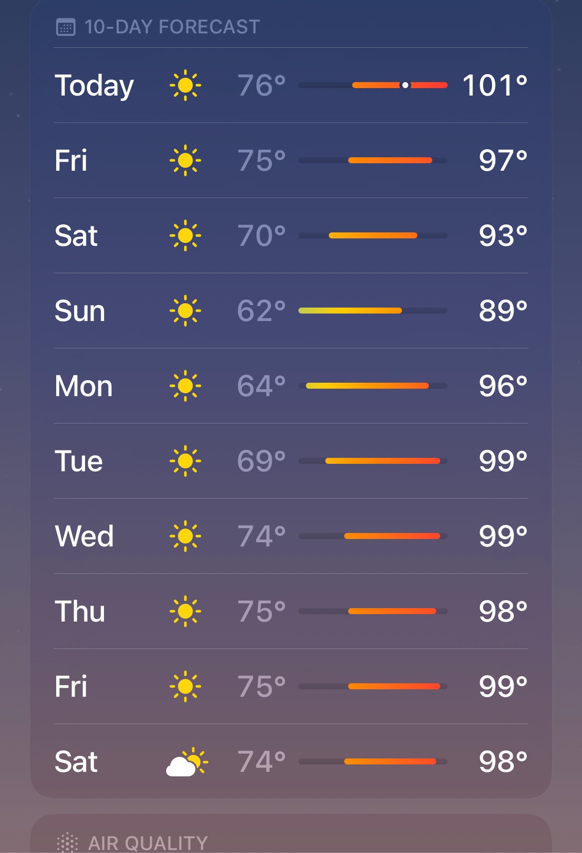 10 day forecast showing temperatures around 100 degrees