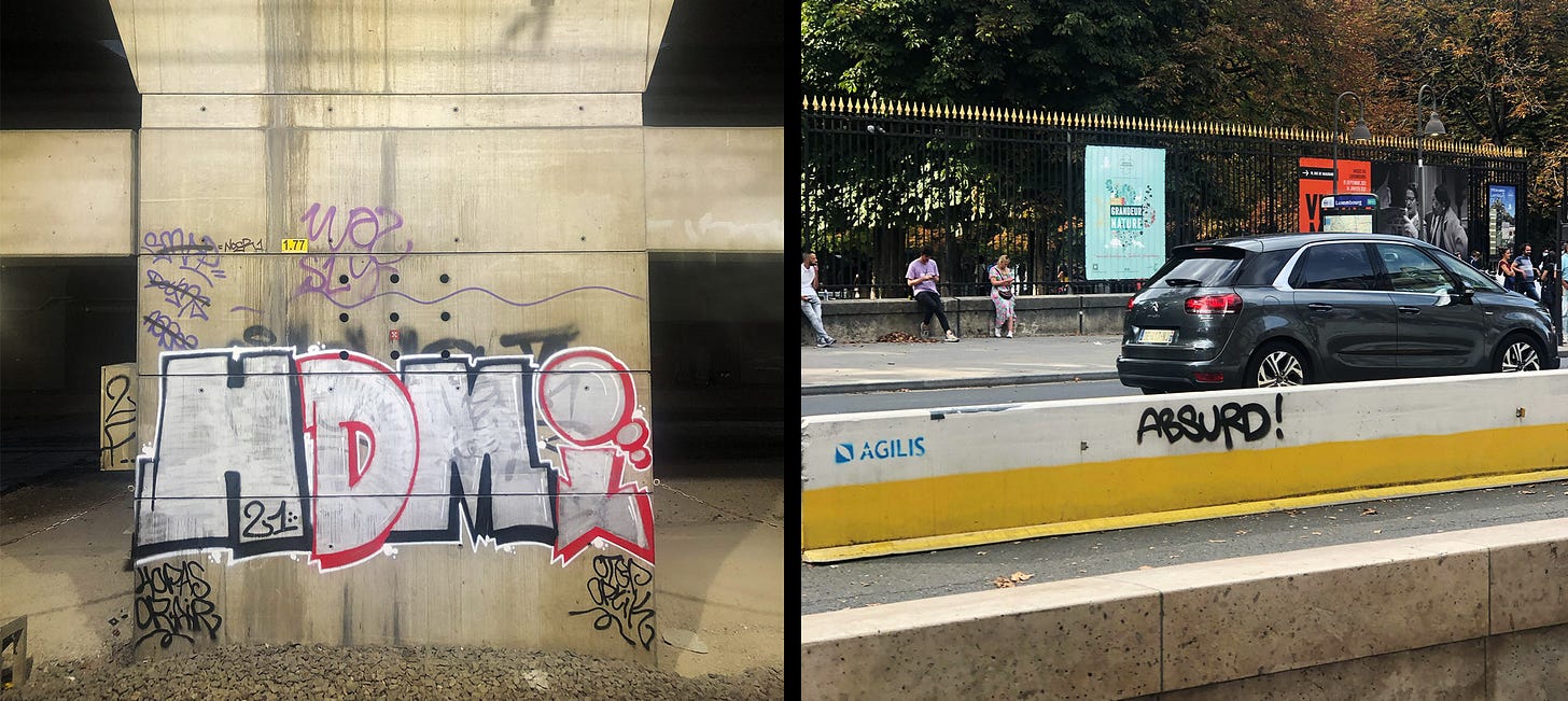 Two examples of French graffiti on subway walls and street barriers. One says "HDMI" the other says "ABSURD!"