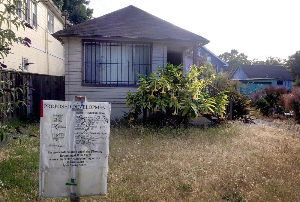 The 1,080-square-foot house in West Berkeley a developer wanted to replace with two new two-story dwellings. One neighbor objected to the new properties partly because it would cast shadows on her garden. (Courtesy Matt Levin/CALmatters)