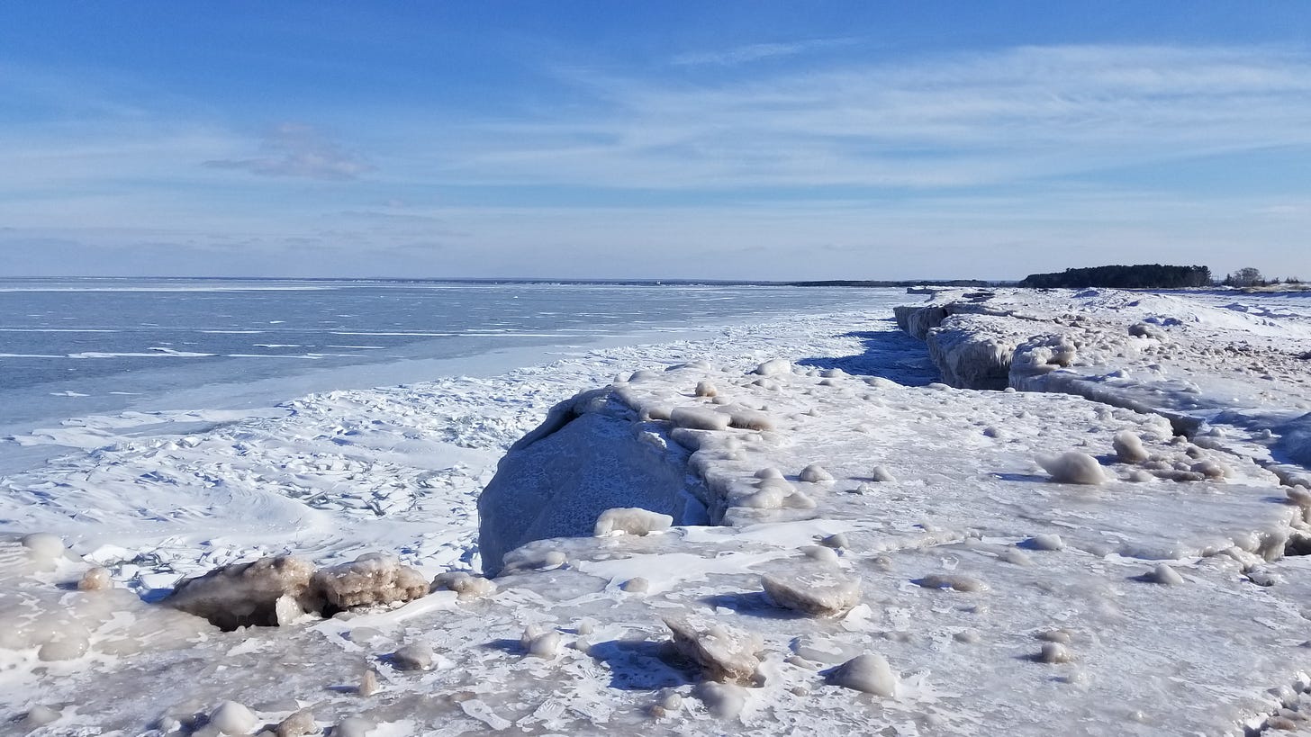 Lake Superior Winter Shoreline: 20+ high ice cliffs on a normally flat beach