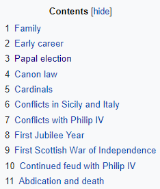Screenshot of a Wikipedia table of contents, including the points "7. conflict with Philip IV" and "10. Continued feud with Philip IV"