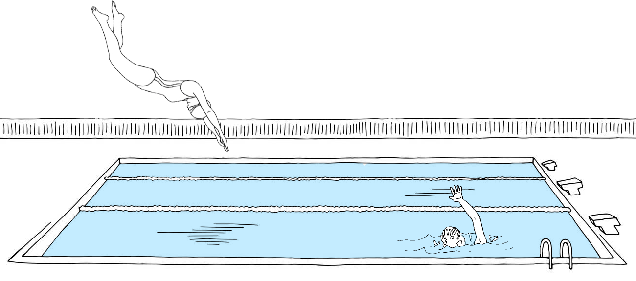 A diver jumping into a pool and unable to get out