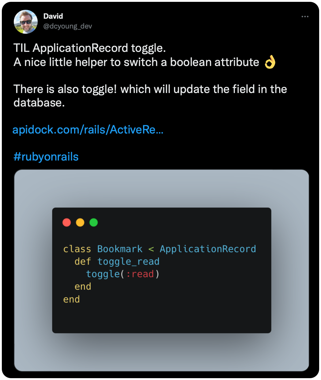 TIL ApplicationRecord toggle. A nice little helper to switch a boolean attribute 👌 There is also toggle! which will update the field in the database. 