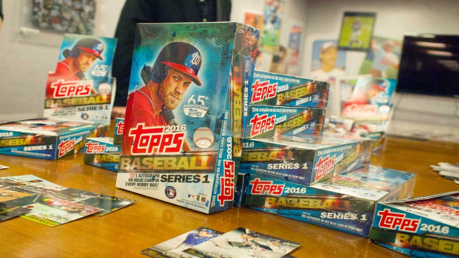Topps' baseball cards from the 2016 season are on display during the "Open Topps Baseball Series 1 Cards " event at the Topps' offices on February 10, 2016 in New York City.