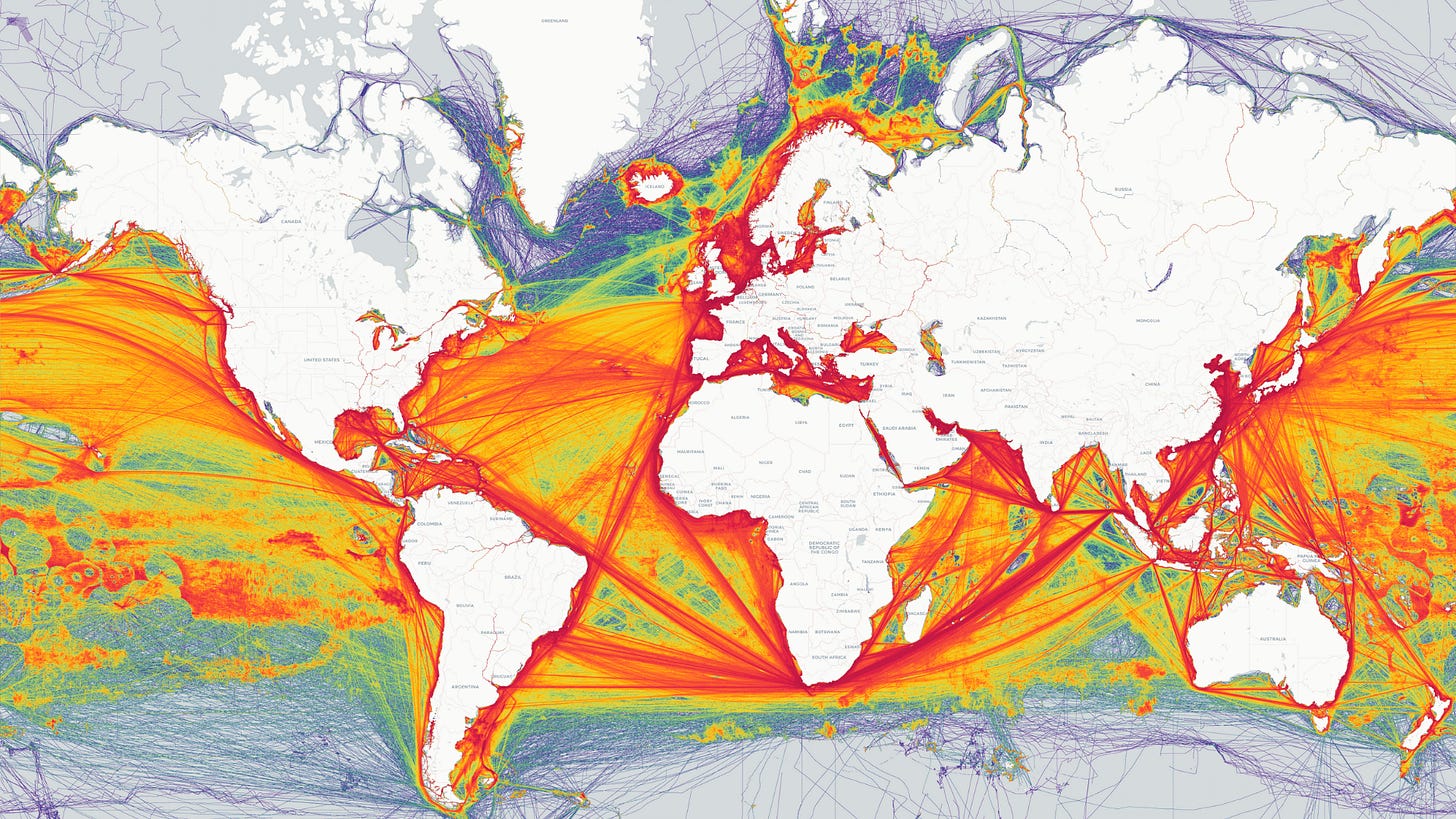 This map of the world shows the density of the global shipping routes. The routes are dense around China and the South China Sea, crossing the Indian Ocean, towards the Suez and Panama Canals, around the Cape of Good Hope, the North Atlantic, the Mediterranean Sea and the North Sea.