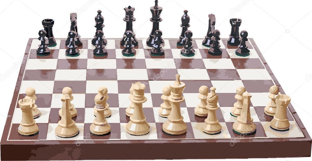 Stock photo of a chess board, set up with all the pieces in their starting squares.