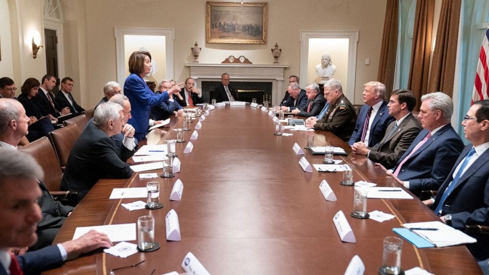 Nancy Pelosi stands up in the middle of an important meeting at the White House and points at President Trump. Other high-ranking officials watch the confrontation.