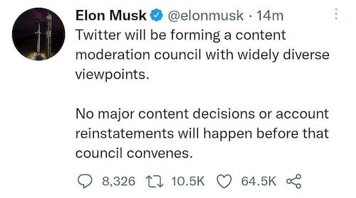 Musk bildet sein Moderatoren-Team

🟥 Elon Musk hat auf Twitter bereits begonnen, bestehende Shadowbans zu entfernen. Er sagt auch, dass Twitter einen Cont
