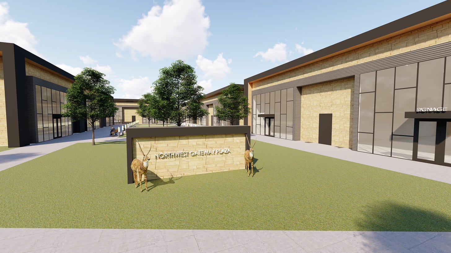 A rendering of the Northwest Gateway Plaza entry sign, flanked by two deer sculptures