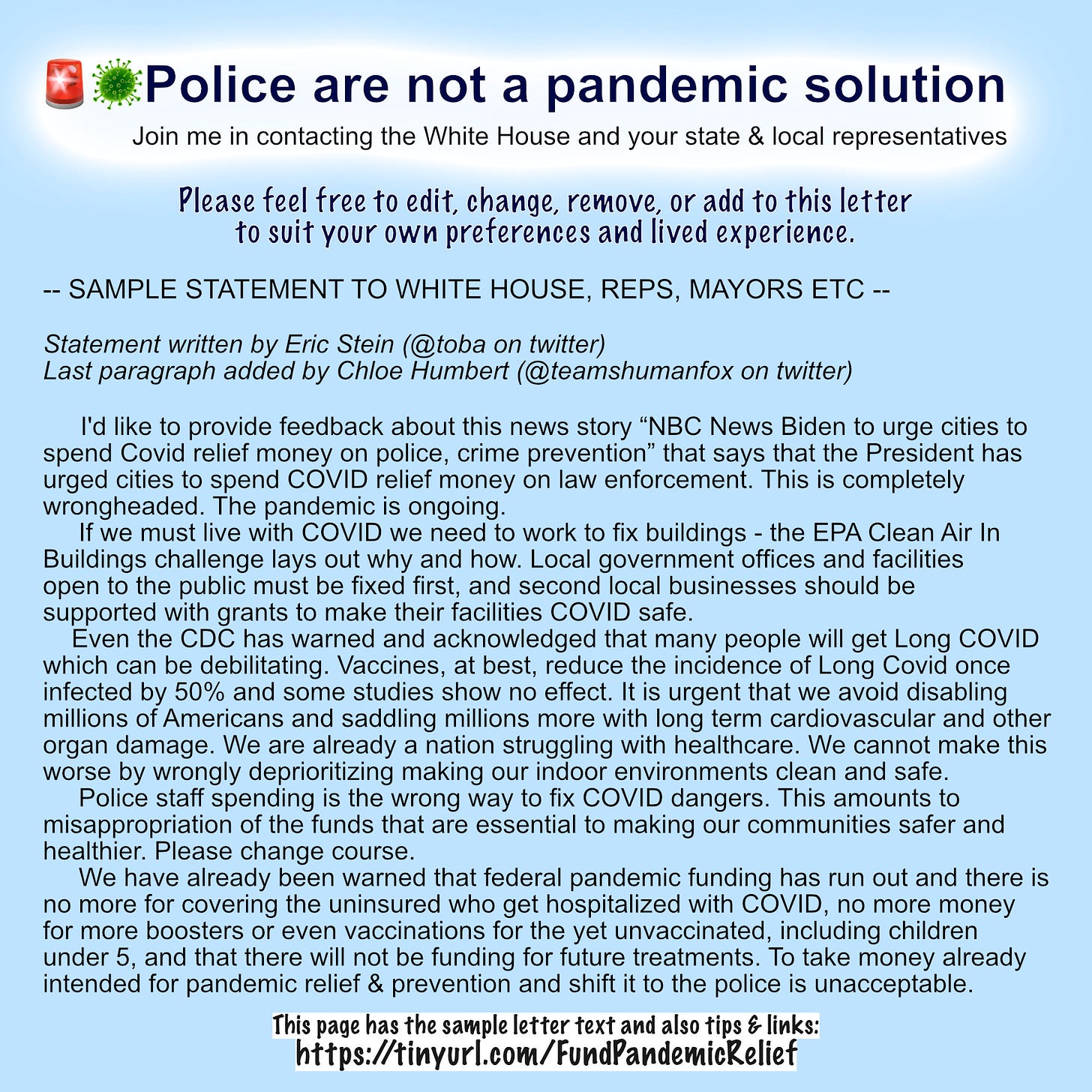 This page has the sample letter included in this graphic go to tiny U R L dot com slash Fund Pandemic Relief