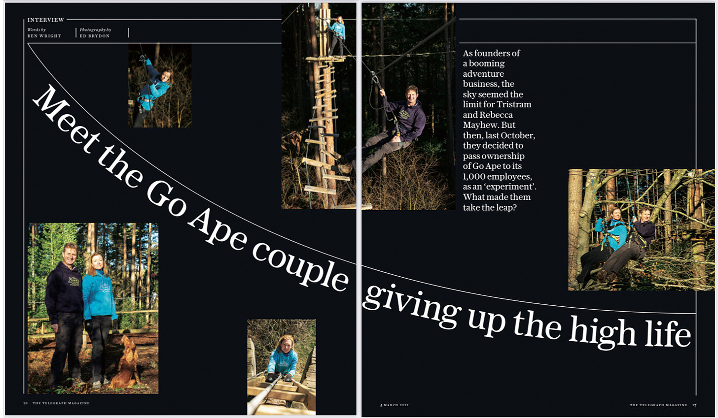Two page spread from a magazine, navy blue background, five photographs of two people engaged in treetop activities at an adventure park