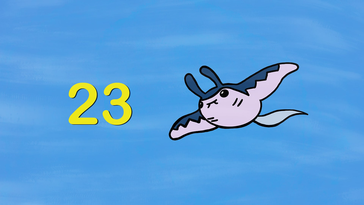 A doodle of Mantine the manta ray-like Pokémon with the number 23 on the left.