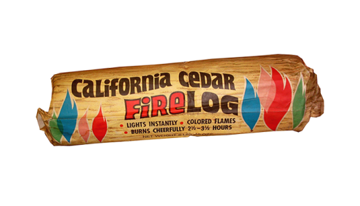 The first duraflame firelog, the Calfornia Cedar Firelog, single firelog packaging from 1968